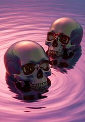 Metallic skulls on a pink water surface creating a surreal and slightly eerie image