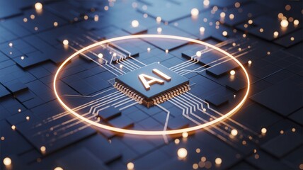 Modern AI chip with glowing circuitry for cutting edge technology applications and futuristic innovations in machine learning and software development