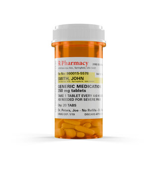 Generic Medication Prescription Medicine Bottle and Pills on a Transparent Background. The label is non-proprietary - fictional - made specifically for the stock photo industry. Transparent PNG.