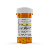 Hydrocodone Prescription Medicine Bottle and Pills on a Transparent Background. The label is non-proprietary - fictional - made specifically for the stock photo industry. Transparent PNG.