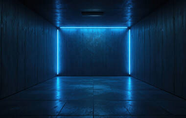 Ultra realistic dark concrete room with blue neon lighting, cinematic futuristic seamless background design