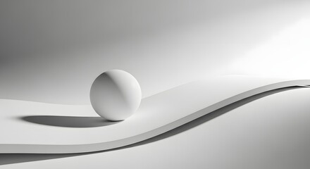 Minimalist white sphere on curved surface with soft shadows and subtle lighting effects