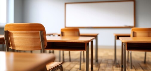 The Empty Classroom with Wooden Desks and Soft Morning Light