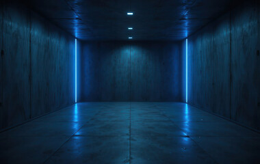 Ultra realistic dark concrete room with blue neon lighting, cinematic futuristic seamless background design