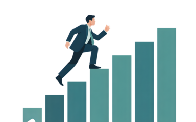 Businessman Ascending Green Bar Chart Steps suit running isolated on a transparent background