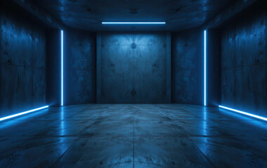 Ultra realistic dark concrete room with blue neon lighting, cinematic futuristic seamless background design