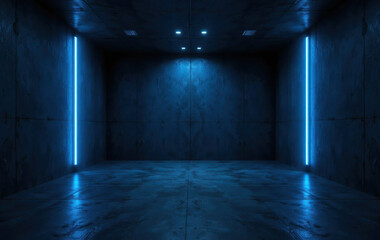 Ultra realistic dark concrete room with blue neon lighting, cinematic futuristic seamless background design