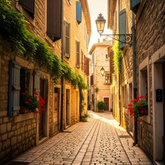 Narrow european street with stone buildings and flowers in window boxes on a sunny day