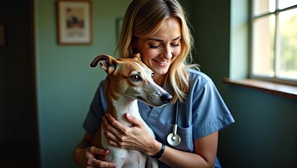 A gentle female veterinarian in blue scrubs holds a small, calm dog during a check-up at the animal hospital.