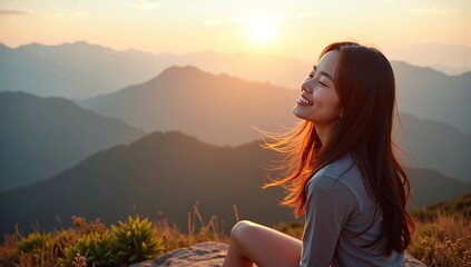 A happy and serene young woman sits on a mountaintop with her eyes closed, enjoying the warm sunset and the feeling of freedom.