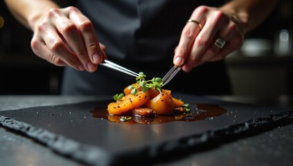 A professional chef uses tweezers for the final plating of a gourmet dish, adding microgreens with precision and artistry.