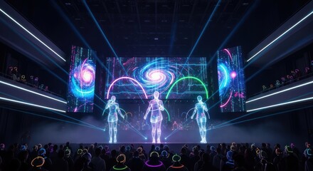 Immersive Futuristic Live Event with Holographic Performers, Dynamic LED Screen Visuals, and an Interactive Audience Wearing Glowing Devices