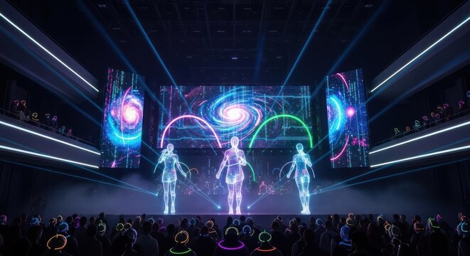 Immersive Futuristic Live Event with Holographic Performers, Dynamic LED Screen Visuals, and an Interactive Audience Wearing Glowing Devices