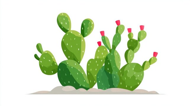 A vibrant illustration of a cluster of green prickly pear cacti with small pink blossoms on a white background.