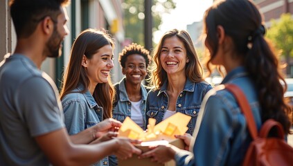 A happy and diverse group of young friends laughs together on a sunny street as they surprise a friend with a gift.