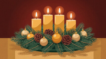 Beautiful glowing holiday candle arrangement with pine branches, baubles, pinecones, ornaments and warm red background, symbol of seasonal celebration, peace, and tradition