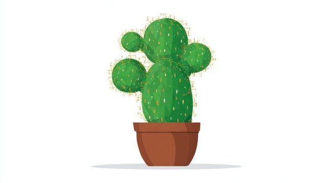 A vibrant green cartoon cactus with small white spines in a simple brown pot, isolated on a white background.