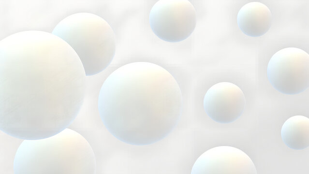 White spheres of balls on gray background. Snowy white balls. Flowing white soft spheres. Abstract background with dynamic 3d spheres. Trendy cover or banner design template. Vector illustration