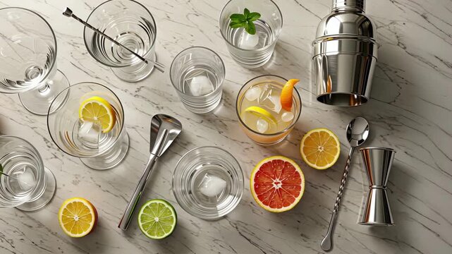 Refreshing citrus cocktail preparation with shaker, glasses, and fresh slices on wooden background