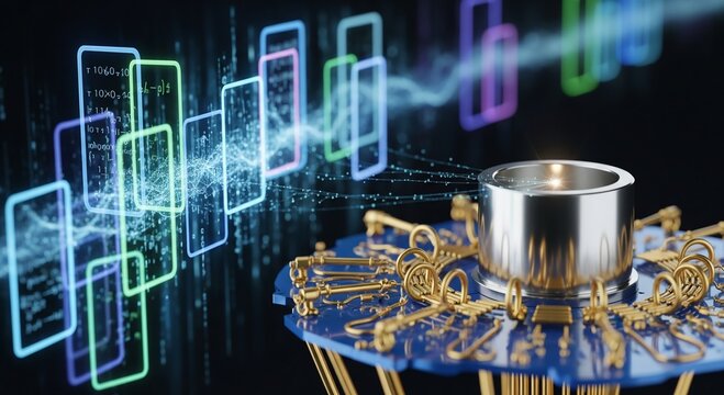 Close-up of a quantum bits spin measurement device with blurred quantum logic gates and data streams, showcasing advanced technology for scientific and tech industries