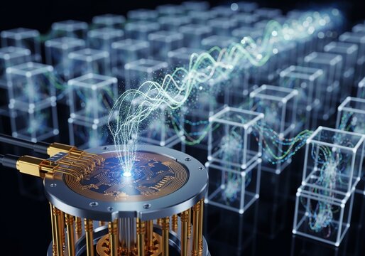 Close-up of a quantum bits spin measurement device with blurred quantum logic gates and data streams, showcasing advanced technology for scientific and tech industries