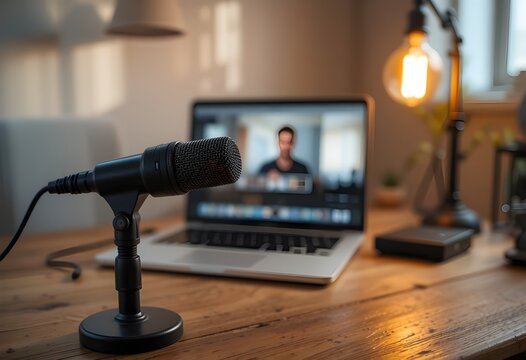 A laptop and microphone are set up for an online meeting and podcast recording in a home office, showing efficient business communication and digital media production