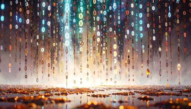Digital rain cascading, glowing numbers - Powered by Adobe