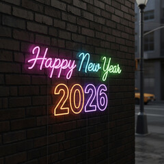 Colorful neon sign wishing happy new year 2026 on a city street at night