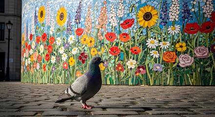 Pigeon standing before a colorful mosaic flower wall on a cobblestone ground area