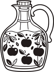 Outline of a bottle filled with cherries and leaves with a handle isolated on transparent background