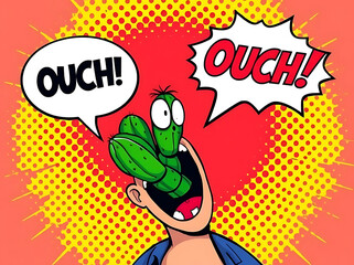 Fototapeta premium Vibrant pop art illustration of a cartoon character screaming in pain with a spiky green cactus stuck in their wide-open mouth