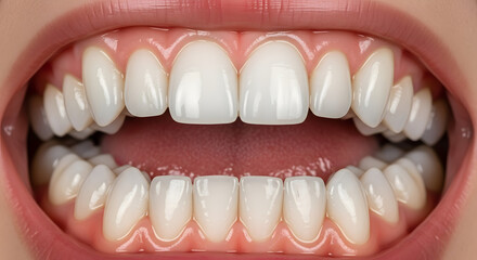 Fototapeta premium Close-up of a smiling mouth with perfectly aligned white teeth, isolated white background, professional dental care concept.