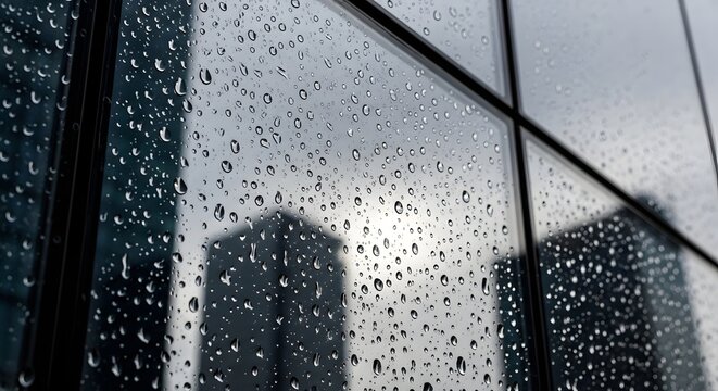 Rainy day reflections on a skyscraper window with water droplets and blurred city view