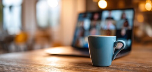 The Coffee Mug on a Wooden Desk During a Remote Video Call