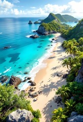 Tropical paradise beach with turquoise sea and palm trees