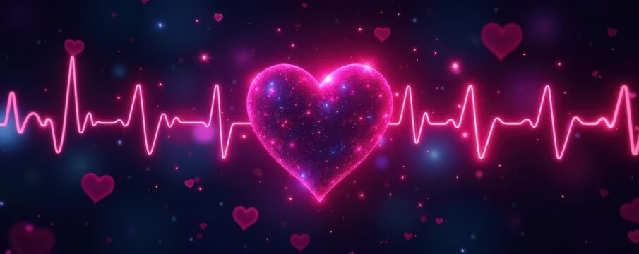 Abstract heart rhythm visualization; binary code streams, data points, concept, illustration, medical
