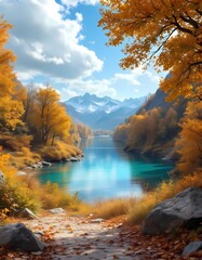Autumn lake with colorful forest and mountain landscape