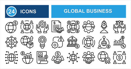 Minimalist global business line icon set with editable stroke, featuring trade, network, startup, online chat, money exchange, outsourcing, innovation, and globe in clean thin linear style.