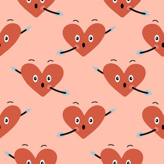 A heart pierced by an arrow of love on a pink background. Vector seamless pattern with hearts. Endless Valentine's Day background, festive design, and fabric.