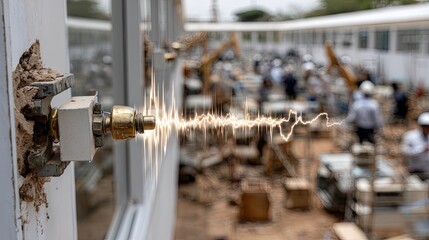 A rudimentary device releases sonar waves amidst a construction environment, creating a captivating visual of sound and light interactions