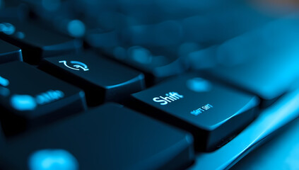 Close up shot of a dark computer keyboard with blue lighting