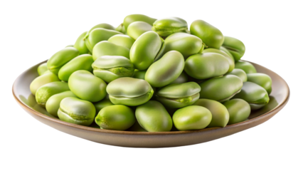A vibrant bowl overflowing with fresh bright green fava beans isolated on transparent background