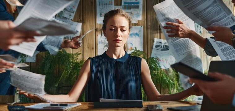 The Focused Executive Amidst a Sea of Paperwork and Surrounding Hands