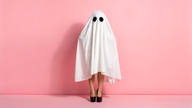 Girl in ghost costume against pastel pink background. Halloween party minimal concept. - Powered by Adobe