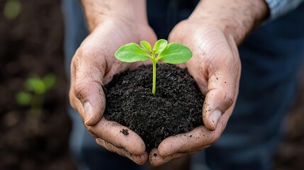 Hand holding seedling, growth, nurturing, environmental care, 