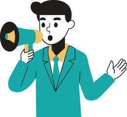 Person in a teal suit speaking into a megaphone with a yellow accent