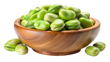 A rustic wooden bowl overflowing with fresh green fava beans isolated on transparent background