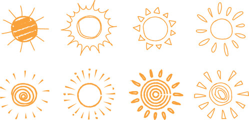 Set of Eight Hand Drawn Sun Illustrations in Orange. Collection of Hand Drawn Sun Illustrations in Orange on a White Background.