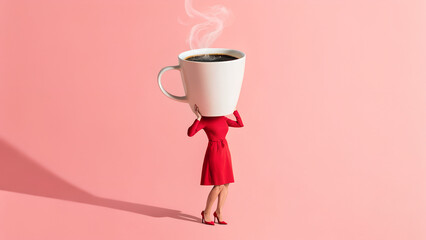 Girl in red dress holding big steaming cup of coffee against pastel pink background. Minimal coffee adiction concept. Poster advertisement