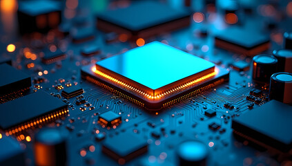 Close up of a glowing central processing unit on a circuit board